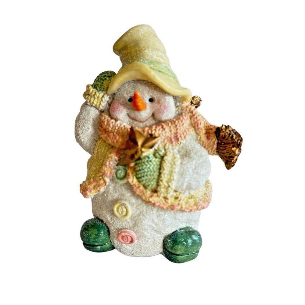 K's Collection Christmas Snowman Figurine Pastel Colors with Glitter Finish Vtg